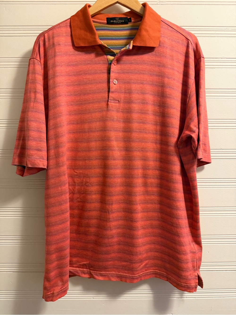 Bugatchi Uomo Orange Striped Mercerized Cotton Polo Shirt Mens L Vintage